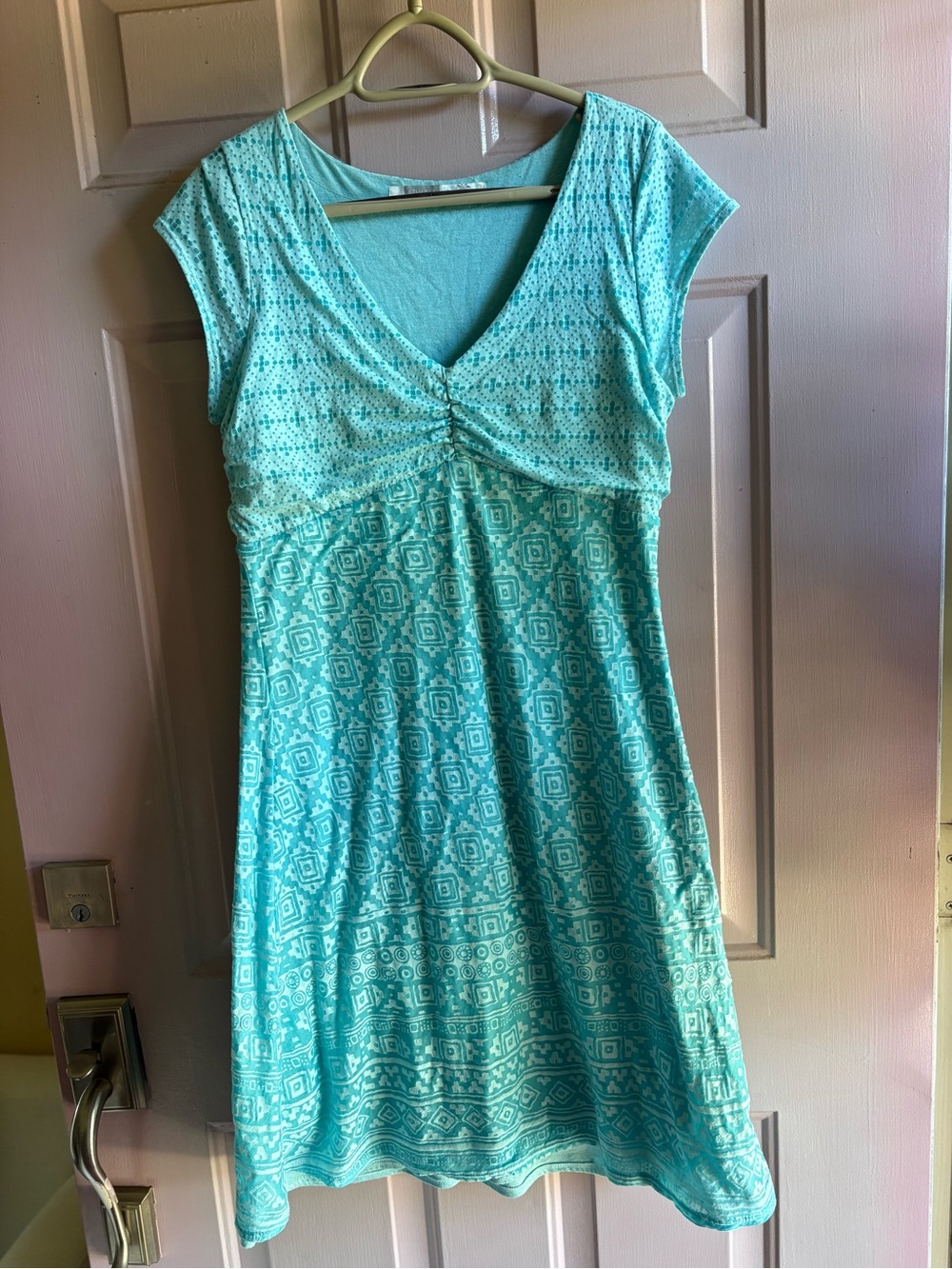 Athleta Aqua Blue Printed V-Neck Dress